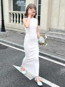 SHEIN Serisse Kids Váy xếp ly bên hông không tay cổ đứng màu trắng trơn đơn giản cho bé gái tuổi mới lớn - trắng - Xem 7