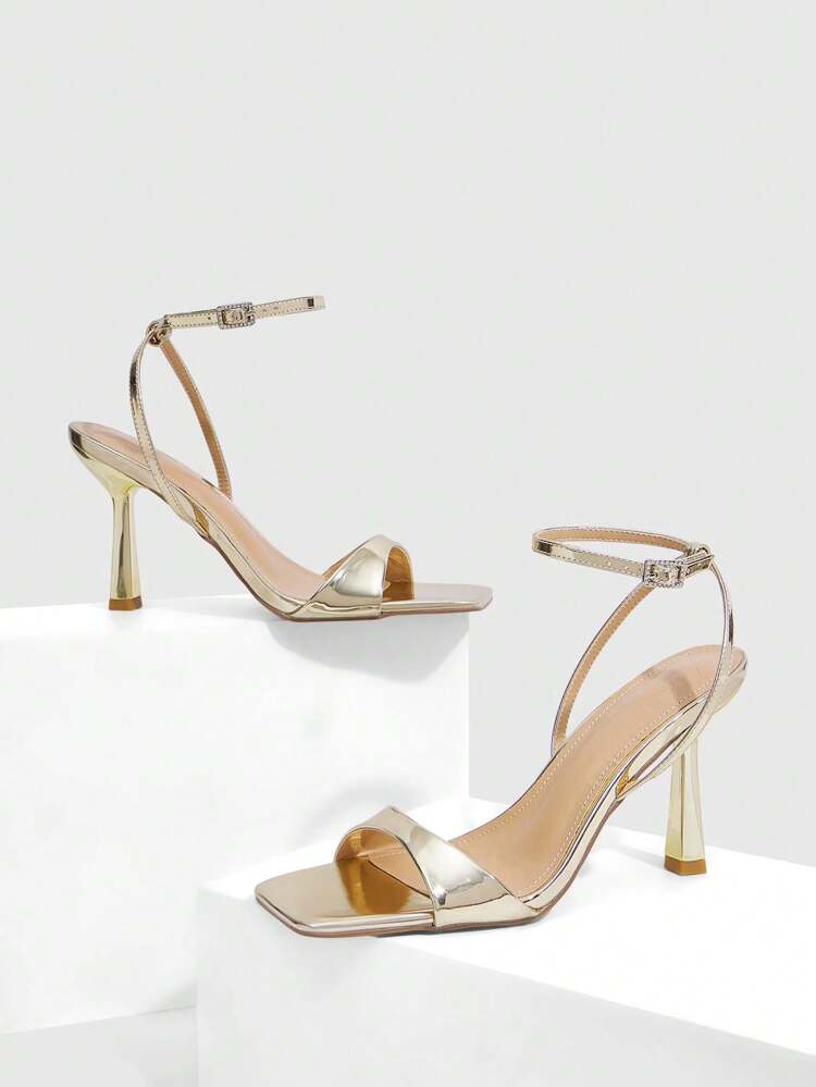 CUCCOO SZL Women's Fashion Gold Material Thin Strap Rhinestone Buckle Square Toe Slim High Heel Sandals, Suitable For Commuting, Dating, Wedding, Party, Holiday, Valentine's Day For Christmas Spring Shoes Prom Heels