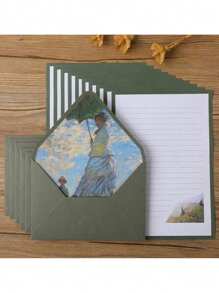 SHEIN 16 Green Set Of Oil Painting Envelopes Containing 6 Envelopes And 10 Pieces Of Writing Stationery For Making Invitations And Greeting Cards Gift Greeting Cards Writing Letters New Year's Gifts
