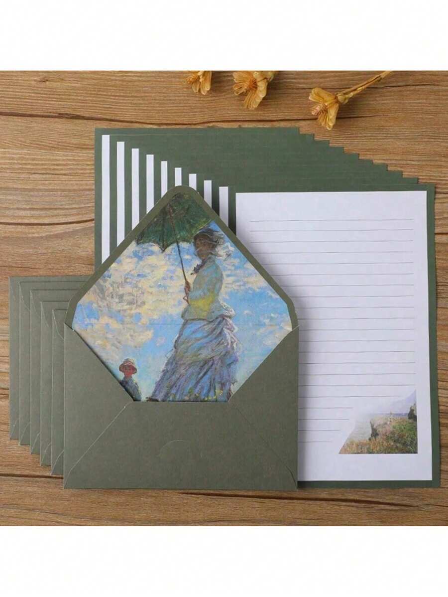 SHEIN 16 Green Set Of Oil Painting Envelopes Containing 6 Envelopes And 10 Pieces Of Writing Stationery For Making Invitations And Greeting Cards Gift Greeting Cards Writing Letters New Year's Gifts