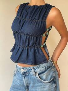 Aloruh 女式休闲水洗牛仔无袖背心，侧开衩 - 藍色 - 查看 7