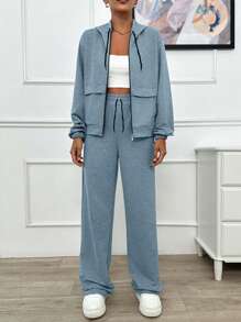 EURMUSE TWO PIECES TWO THREAD LIGHT GREY HOODIE SWEATSHIRT AND SWEATPANT WITH SPARKLE STONE DETAIL - Baby Blue - View 3