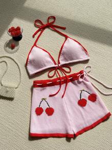 SHEIN Privé 大码樱桃印花吊带上衣和半身裙针织套装 - 粉色 - 查看 4