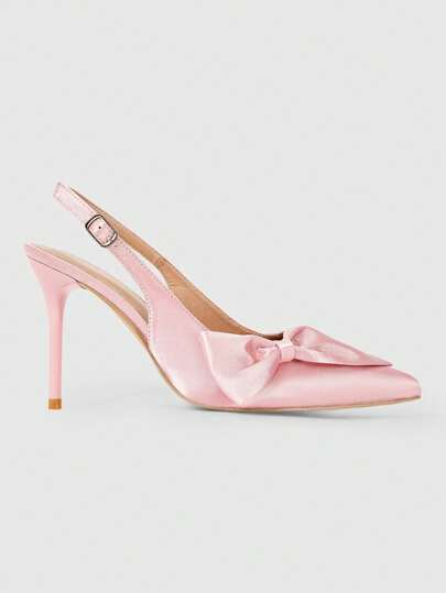 Kawaii Women's Elegant Sweet Big Bow Design High Heel Pumps, Pointed Toe Pink Dress Shoes For Daily, Campus, Party