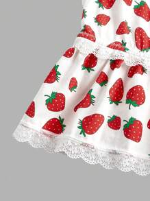 Strawberry Print Lace Trim Cami Top For Big Girls, Cute & Sweet