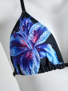 SHEIN TEENGIRL 3Pcs/Set Black Bikini With Blue Floral Print, Beach & Resort Vacation Swimwear Set Two Pieces Set Women - Blue - View 5