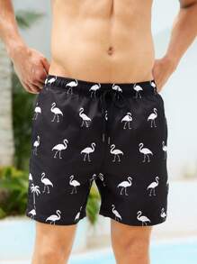 Surfspeed Men's Drawstring Waist Flamingo Print Pocket Beach Shorts, Hawaiian - Black - View 4