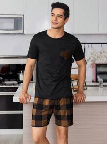 SHEIN Men's Plaid Printed 2-Piece Pajama Set - Black - View 6