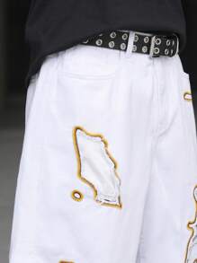 Manfinity EMRG Pantalones cortos vaqueros informales con diseño gráfico y rotos de ajuste holgado para hombres, ideal para el verano - Blanco - Ver 6