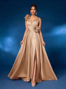 Glamrae Elegante y lujoso vestido largo rosa con escote en V, decoración bordada, abertura alta y dobladillo con vuelo y cola, vestido de noche formal - Albaricoque - Ver 6