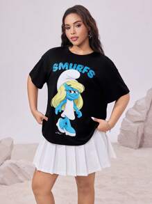 The Smurfs X SHEIN 大码女式休闲宽松卡通图案可爱夏季音乐节黑色T恤 - 黑色 - 查看 4