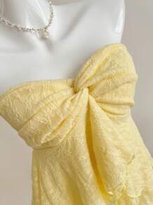 Sweetra Áo hai dây ren xoắn thắt nút mùa xuân/hè dành cho nữ, áo viền bèo nhún nhiều lớp - Màu vàng - Xem 4