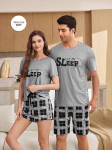 SHEIN Bộ đồ ngủ họa tiết chữ cái thoải mái, dễ thương, phù hợp với các cặp đôi, áo cổ tròn tay ngắn và quần short kẻ sọc dành cho nam, quà tặng bạn trai - Xám - Xem 5
