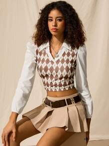 Easelle Argyle Print Shirt Collar Puff Sleeve Crop Knit 2 In 1 Top
