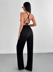 SHEIN Tall Ensemble coordonné de lounge froissé chic pour fille avec un top court à col montant et un pantalon ample. Ensemble deux-pièces en tissu pour femmes avec un Top et un pantalon à jambe large. Décontracté, élégant, pour un rendez-vous, un week-end de luxe