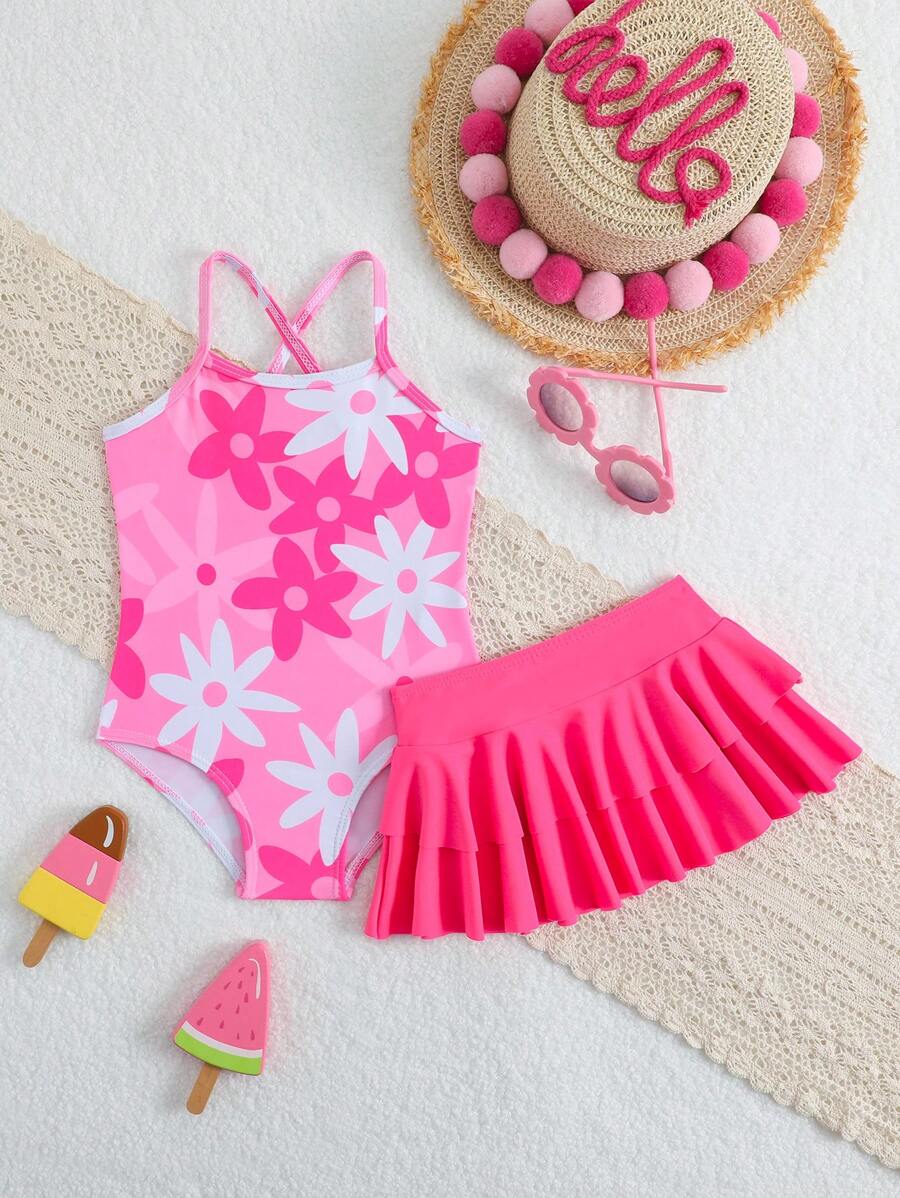 Baby Girl Floral Printed One-Piece Swimsuit With Skirt Baby Swim Suit With Skirt Toddler Girl Swim Wear Baby Summer Clothes Girl Summer Outfits For Girls Summer Sets Baby Girl - Multicolor - View 1