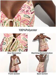 Maija 女士图腾印花两件套夏季套装，包括V领蝴蝶结吊带背心和舒适短裤。波西米亚/度假风，适合音乐节、假期和毕业典礼等场合。女士夏季服装连衣裙 - 彩色 - 查看 2