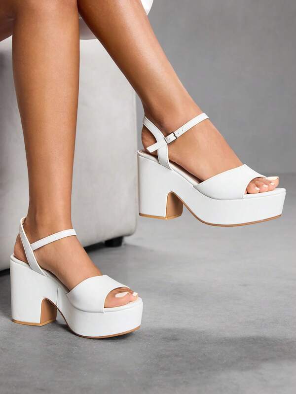 CUCCOO SZL Women's Fashion White PU Leather Ankle Strap Sandals, Simple Design Comfortable Wedge Thick Sole Casual Shoes For Work, Date, Party, Holiday, Wedding, Valentine's Day