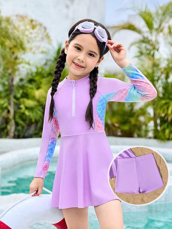 Conjunto de bikini con top tipo camiseta y Bottom para niñas con estampado de escamas de pez y pantalones cortos de unicolor
