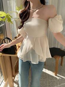 DAZY 女士泡泡袖露肩韩版衬衫夏季荷叶边娃娃装上衣露肩上衣 - 杏色 - 查看 5