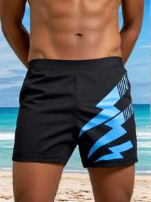 Tween Boys Swimming Trunks, Lightning Graphic Printed, Minimalist Design, Comfortable Swimwear - Plus Size