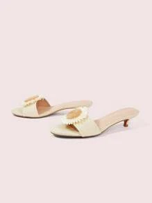 CUCCOO DOLLMOD Women's Apricot Linen Sunflower Decor Strap Round Toe Fashion High Heel Slide Sandals - Apricot - View 9