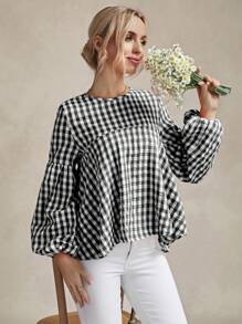 SHEIN LUNE 格子印花灯笼袖荷叶边衬衫，长袖上衣 - 黑與白 - 查看 2