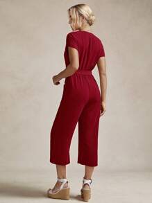 SHEIN LUNE Summer Women's Solid Color Short Sleeve Jumpsuit With Pockets - Burgundy - View 2
