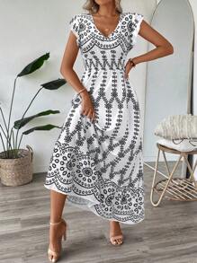 SHEIN LUNE 女式荷叶边盖袖荷叶边下摆 A 字形连衣裙，休闲度假优雅瓷器印花长款连衣裙 - 白色 - 查看 3