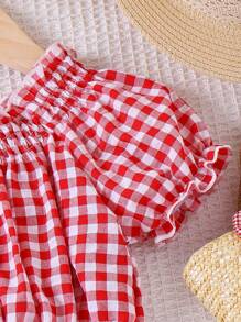Young GirlRed Plaid Ruffle Trim Top & Denim Patchwork Shorts 2-Piece Set, Chic Casual Outfit For Street, Date, Dinner, Summer - Red - View 7