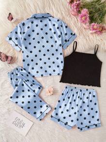 Valentine's 4pcs/Set Girls Solid Pink & Black Dot Print Tee, Leggings, Camisole Casual Homewear Set - Blue - View 2