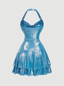 SHEIN MOD 女式纯色垂坠领短款连衣裙、鸡尾酒会礼服、派对礼服 - 藍色 - 查看 2