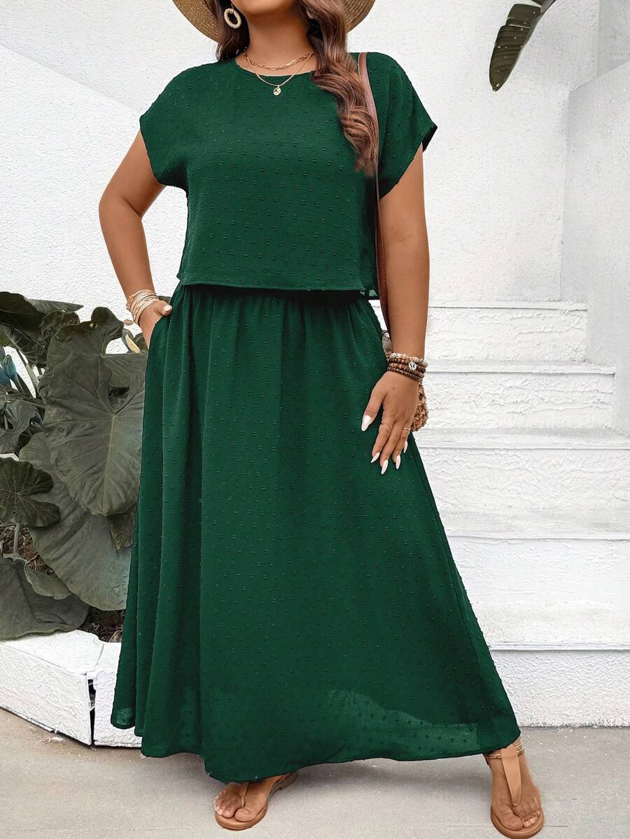 SHEIN LUNE Conjunto de 2 piezas de talla grande: camisa y falda de unicolor con textura - Verde Oscuro - Ver 1