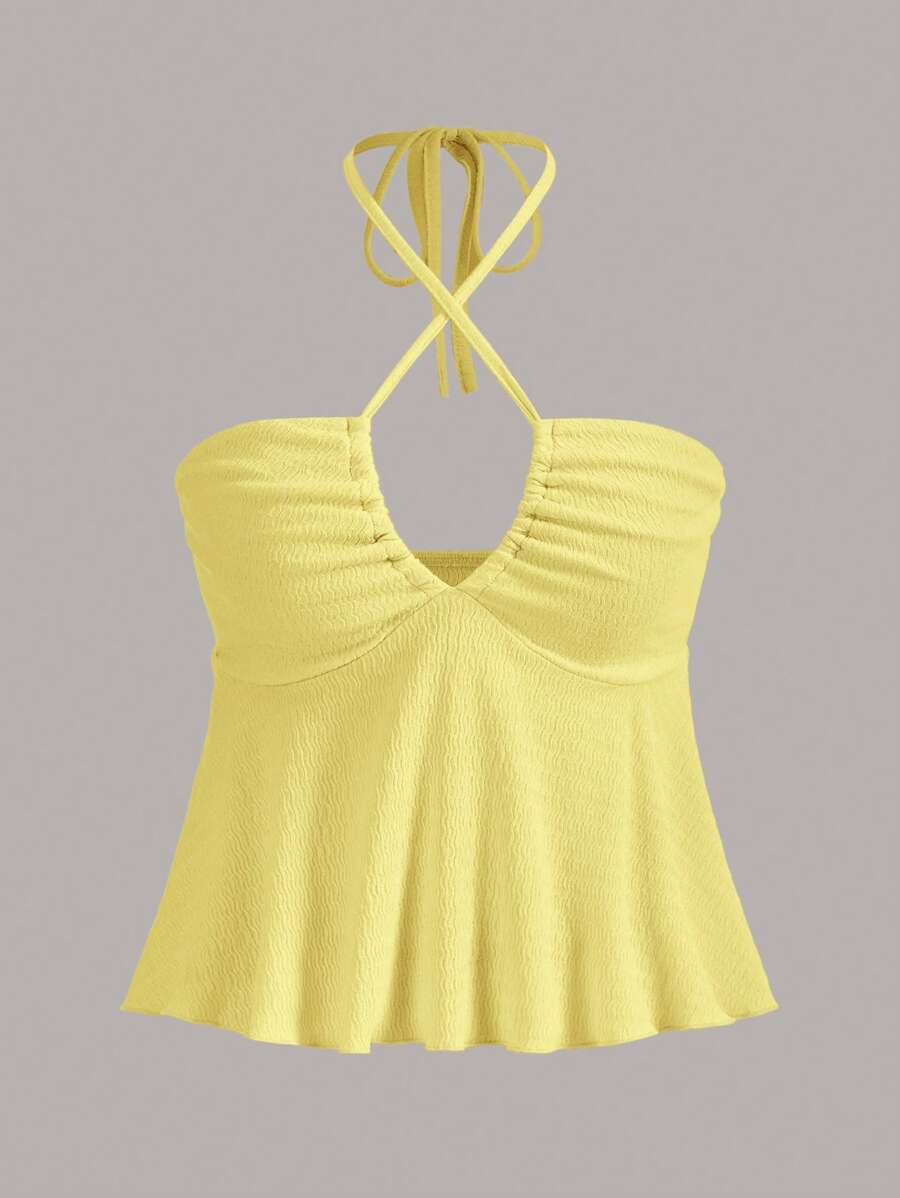 SHEIN ICON Top galben fără mâneci, cu imprimeu floral și legături încrucișate, pentru ieșiri în oraș, de vară