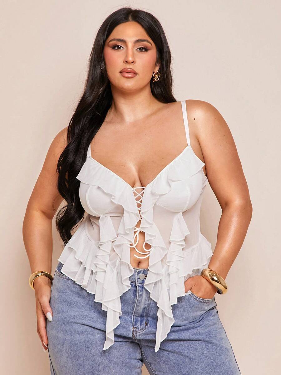 SHEIN BAE Plus Size Women Black Ruffle Strap Camisole Tank Top, Suitable For Date, Outing, Commute,Club Outfits Women Sexy,Going Out Tops Women - White - View 1