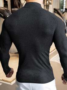 GymBeat Men's Solid Color Raglan Sleeve Zipper Front High Neck Sports T-Shirt Workout Clothes Running Tees & Tanks Workout Tops Gym Top Fall Breathable Fitted Shirt Fall Crew Neck Compression Shirt Men - Dark Grey - View 2