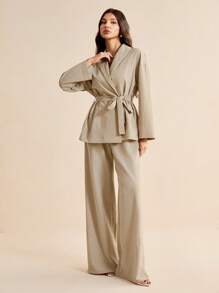 SHEIN Tall Bộ 2 áo sơ mi dài tay buộc nơ phía trước và quần dài màu trơn cho nữ - Màu Khaki - Xem 3