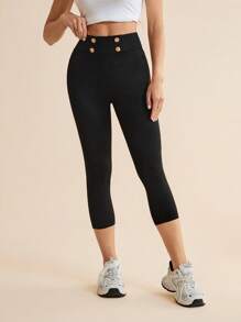 SHEIN Tall 纯色纽扣装饰修身休闲短款针织打底裤 - 黑色 - 查看 3