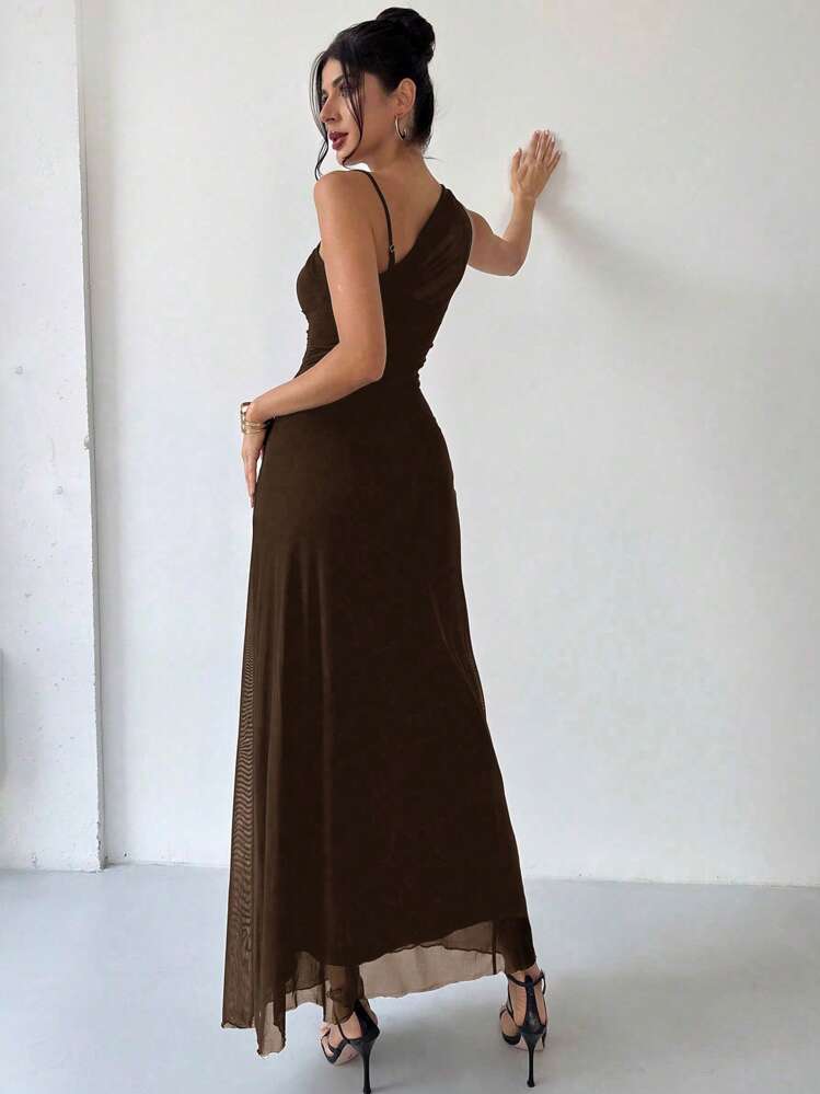 Firerie Women's Elegant Minimalist Chic Fashion Versatile Everyday Wear Music Festival Vacation Mesh Sheer Asymmetrical Ruched Black Bodycon Dress Modest Maxi Dress - Chocolate Brown - View 4