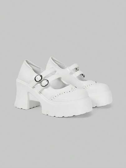 Grunge Punk Bombas de plataforma alta con correa única, puntera redonda, suelo grueso y tacón ancho marca Mary Jane para mujer, nuevas para primavera/verano 2025, en color blanco sintético (PU)