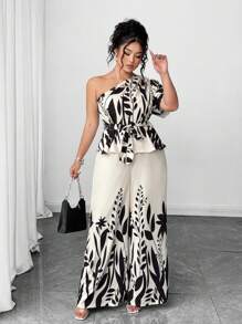 Elenzga 大码女式优雅黑白花卉宽松单肩系带蝴蝶结两件套休闲修身装