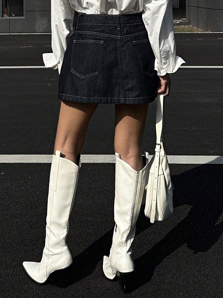 Ladies Denim Skirt With Side Slit And Wrap Design Jeans Skirt