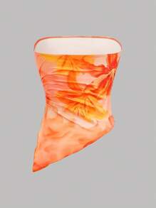 Girlism Set adolescentă portocaliu și alb cu imprimeu floral Halter, tiv neuniform, stratificat, drăguț, din 2 piese, ținută