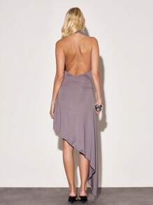 MUSERA Halterneck Extreme Plunge Front Trim Detail Low Back Asymmetric Hem Midi Dress Summer Vacation Y2k 90's Streetstyle Cool Girl Festival Holiday Elegant Sexy Club Graduation Birthday Ibiza Beach