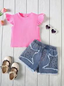SHEIN 2pcs/Set Young Girl Casual & Simple Comfy Round Neck Ruffle Hem Sleeveless Top And Jeans Pants Set - Pink - View 3