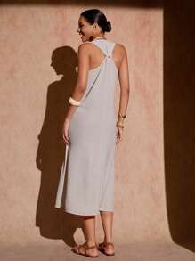 Bóhologie Vestido largo beige para mujeres, cuello en V, vestido casual para primavera y verano