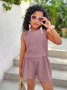 SHEIN Set de 2 piezas con top de tirantes con textura y shorts para niñas preadolescentes, adecuado para vacaciones en la playa en verano - Púrpura polvoriento - Ver 5