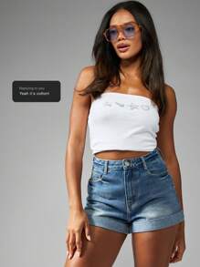 MISSGUIDED 高腰妈妈短裤卷边牛仔夏季节日海滩休闲复古 90 年代风格经典中蓝色水洗弹力棉 - 藍色 - 查看 7