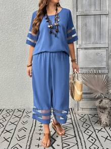 EMERY ROSE 大码女式两件套度假套装，圆领短袖网眼拼接衬衫和宽松阔腿裤