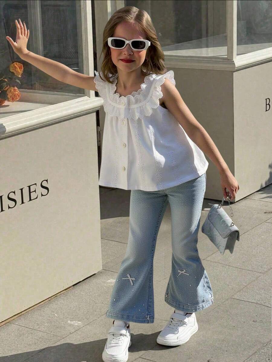 Young Girl Casual Everyday Washed Rhinestone Elastic Waist Flared Leg Pants - Light Wash - View 1